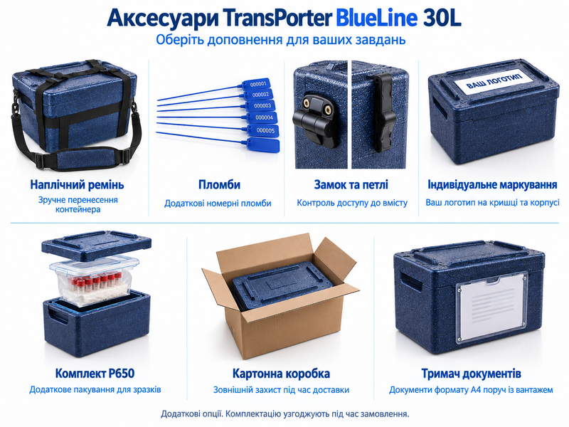 Додаткові аксесуари для TransPorter BlueLine 30L: наплічний ремінь, номерні пломби, замок та петлі, індивідуальне маркування, комплект P650, картонна коробка і тримач документів. Комплектацію узгоджують під час замовлення.
