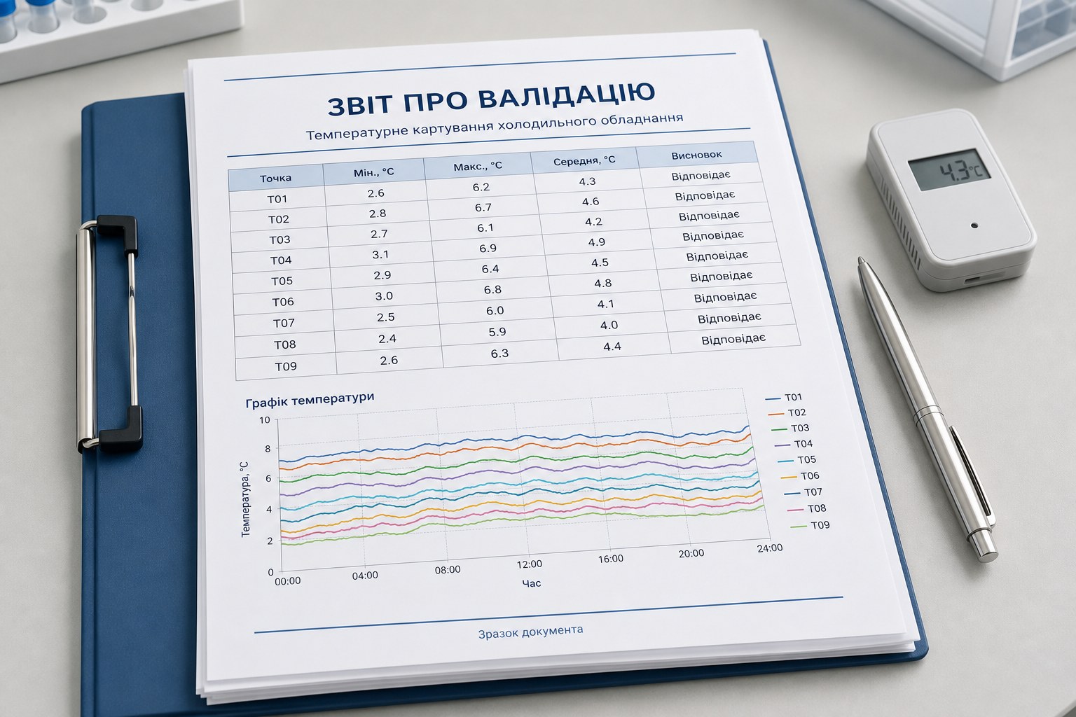 Example validation report with a results table and refrigeration temperature graph